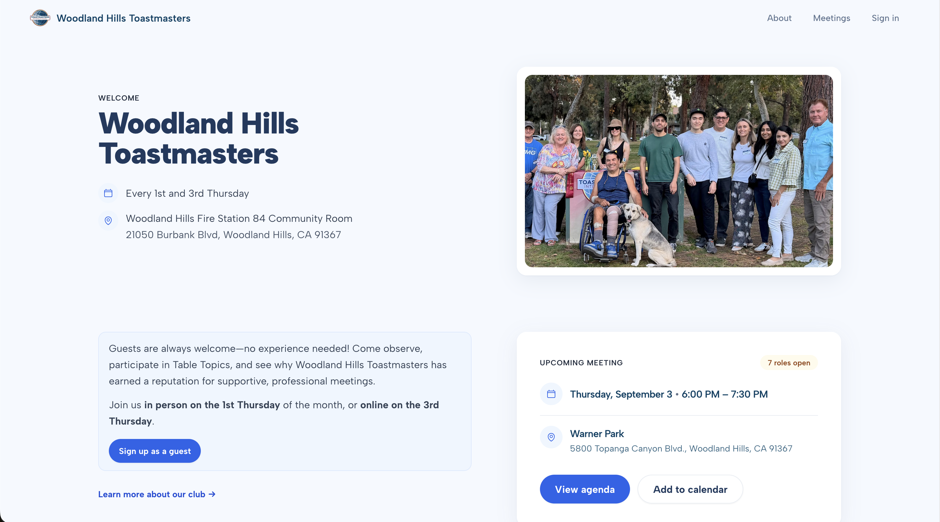 Public home showing the next meeting and Sign up as a guest button