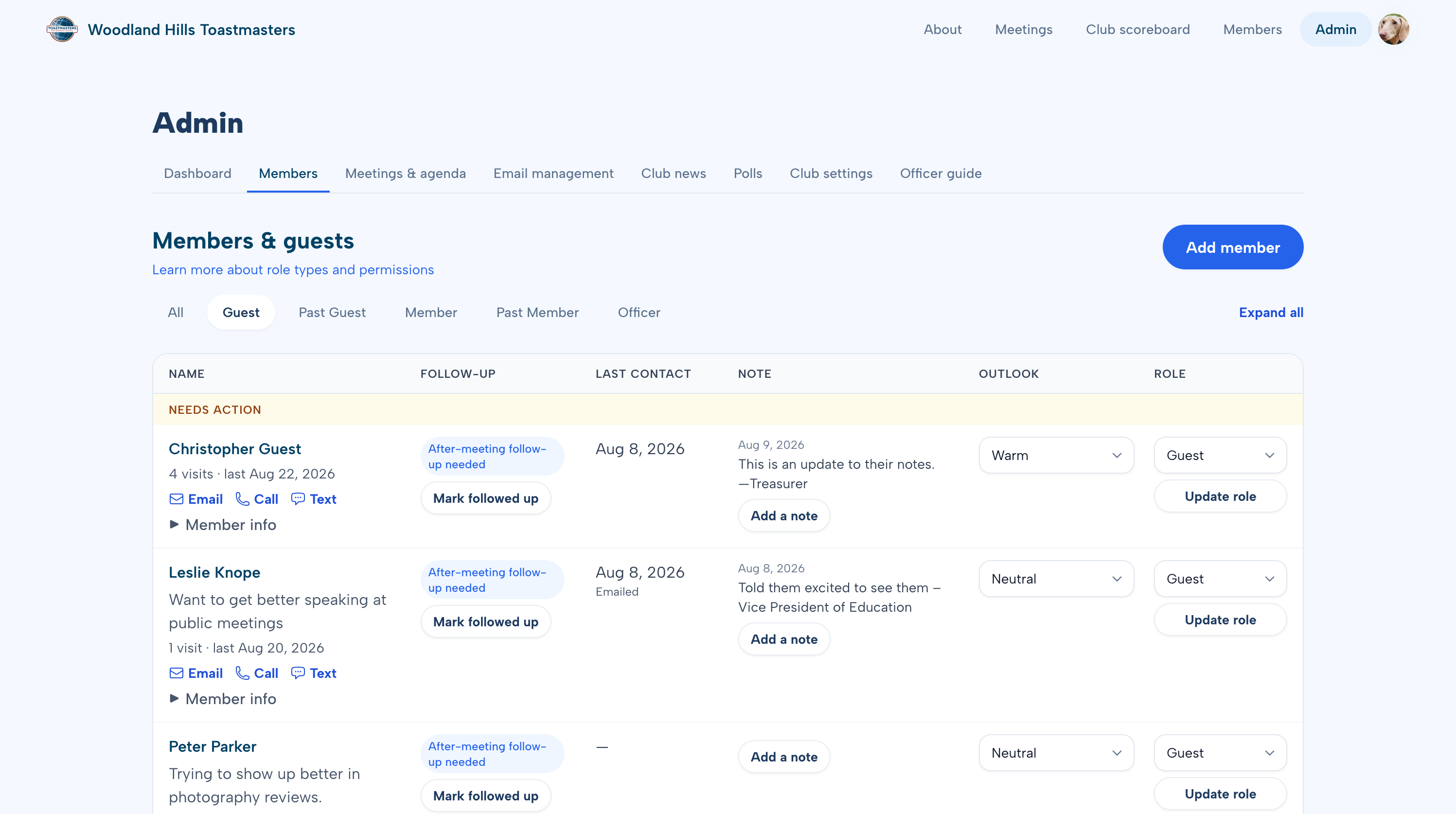 Admin Guests view with Needs action follow-up after a signup