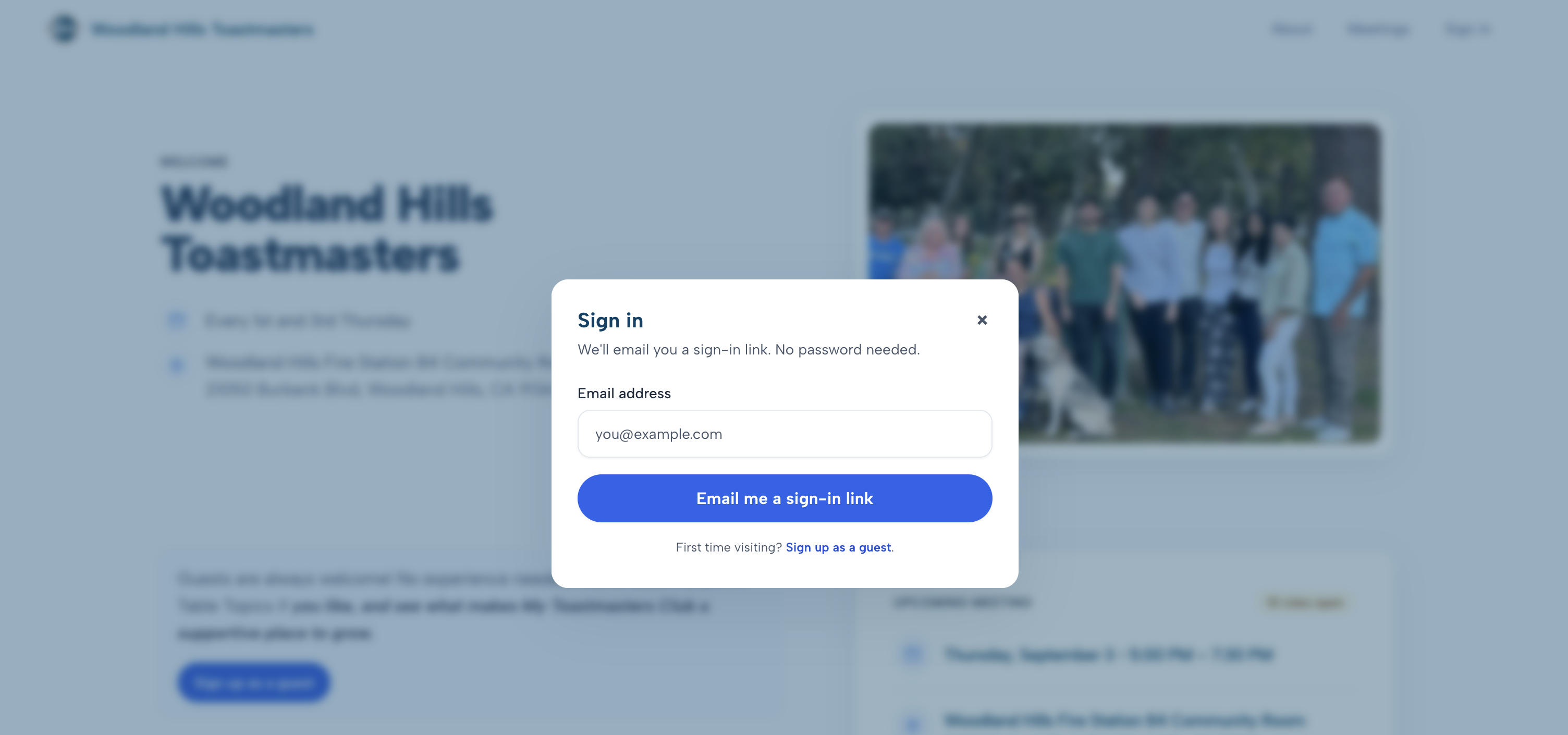 Passwordless magic-link sign-in screen with email only