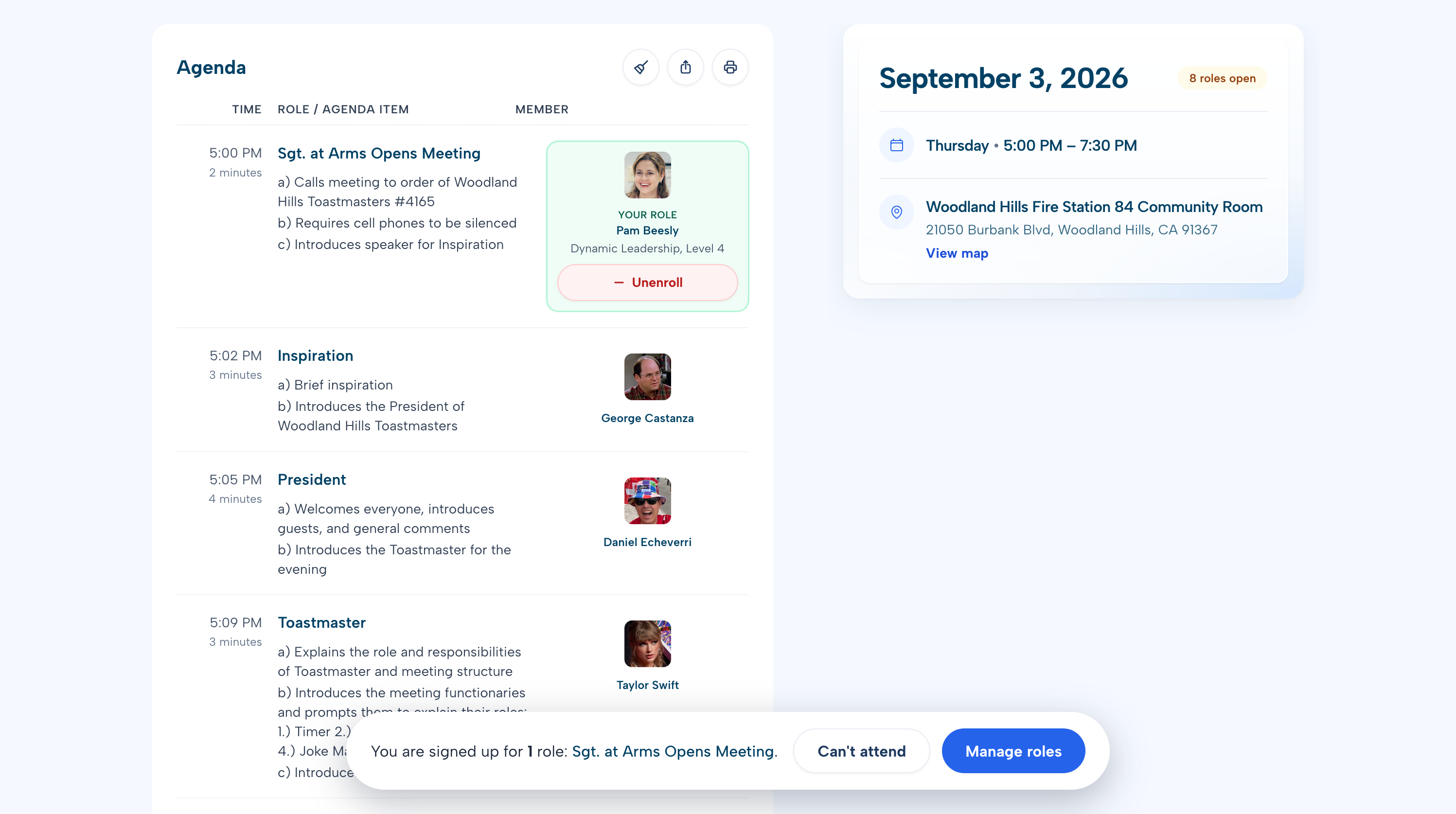 Member view of a published agenda with roles and attendees